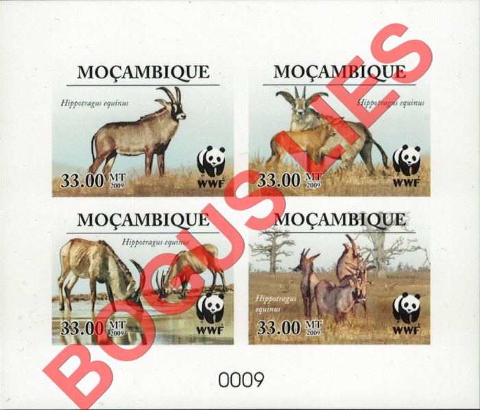  Mozambique 2009 WWF Roan Antelope Genuine Stamp Souvenir Sheet of 4 with Bogus Limited Number