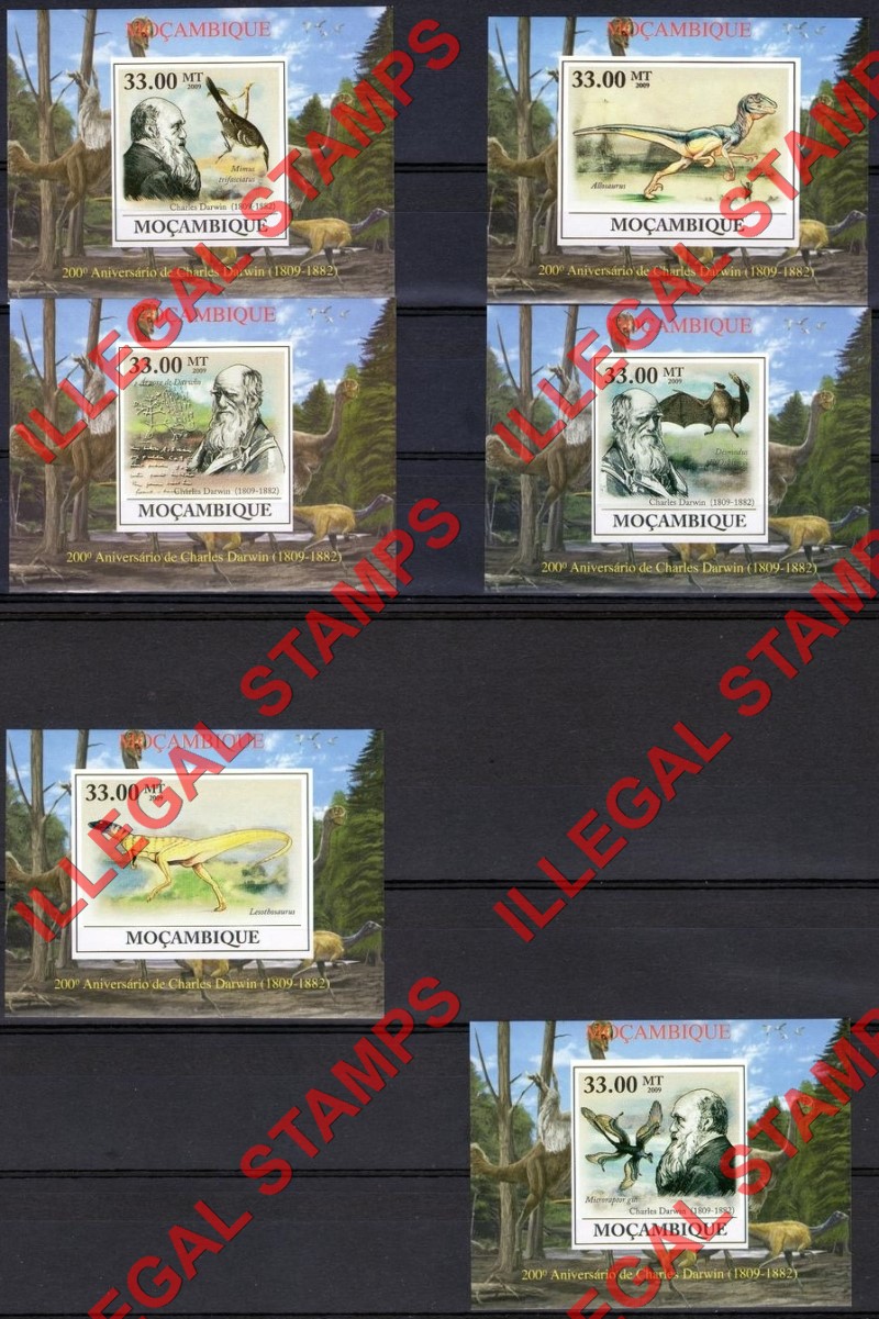  Mozambique 2009 Charles Darwin Dinosaurs Counterfeit Illegal Stamp Deluxe Souvenir Sheets of 1