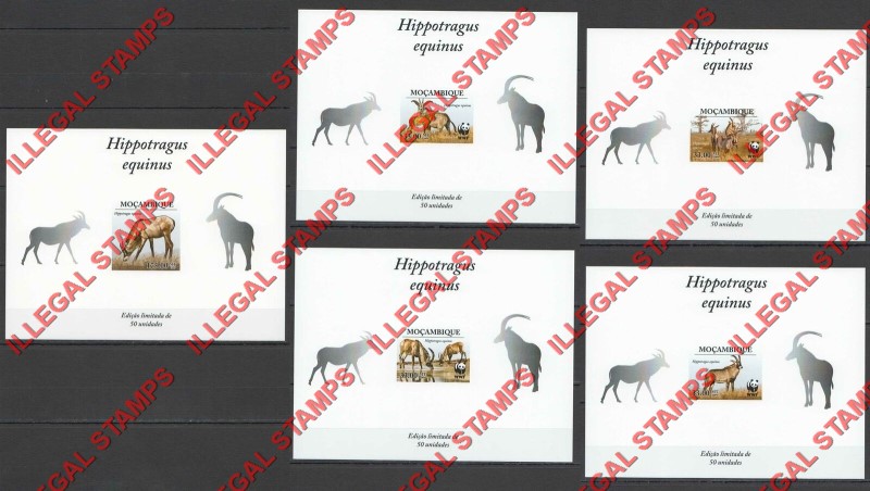  Mozambique 2009 WWF Roan Antelope Illegal Deluxe Stamp Souvenir UV Cardboard Sheets of 1 Imperforate Silver