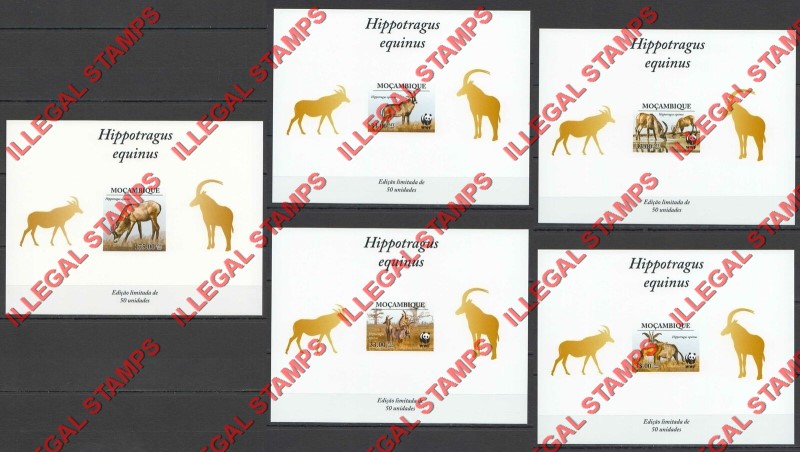  Mozambique 2009 WWF Roan Antelope Illegal Deluxe Stamp Souvenir UV Cardboard Sheets of 1 Imperforate Gold