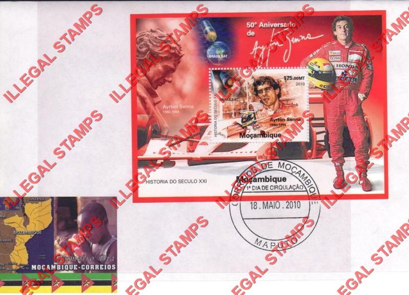  Mozambique 2010 Formula I Ayrton Senna Counterfeit Illegal Stamp Souvenir Sheet of 1 on Fake First Day Cover