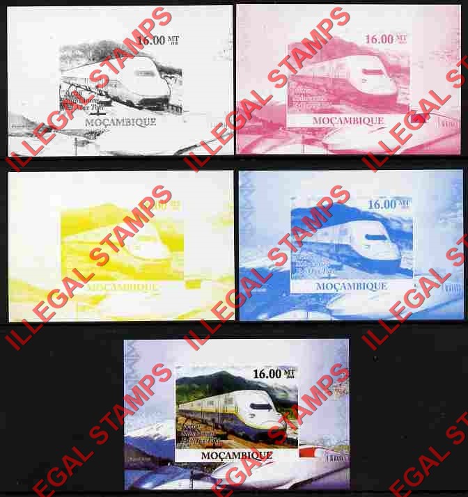  Mozambique 2010 Japanese High Speed Trains Counterfeit Illegal Stamp Deluxe Souvenir Sheet of 1 Color Proof Set