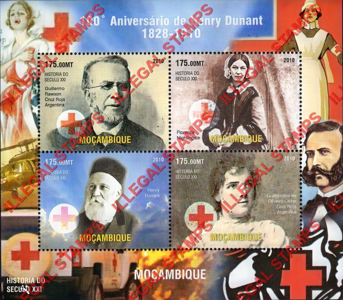  Mozambique 2010 Red Cross Henry Dunant Counterfeit Illegal Stamp Souvenir Sheet of 4