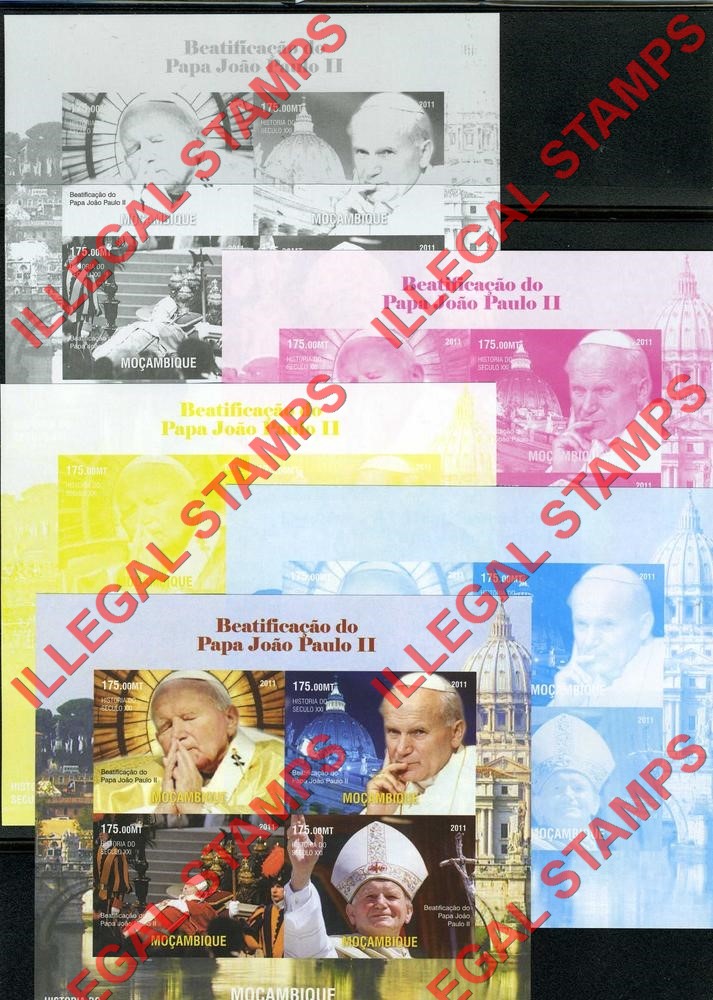  Mozambique 2011 Pope John Paul II Beautification Counterfeit Illegal Stamp Souvenir Sheet of 4 Color Proof Set