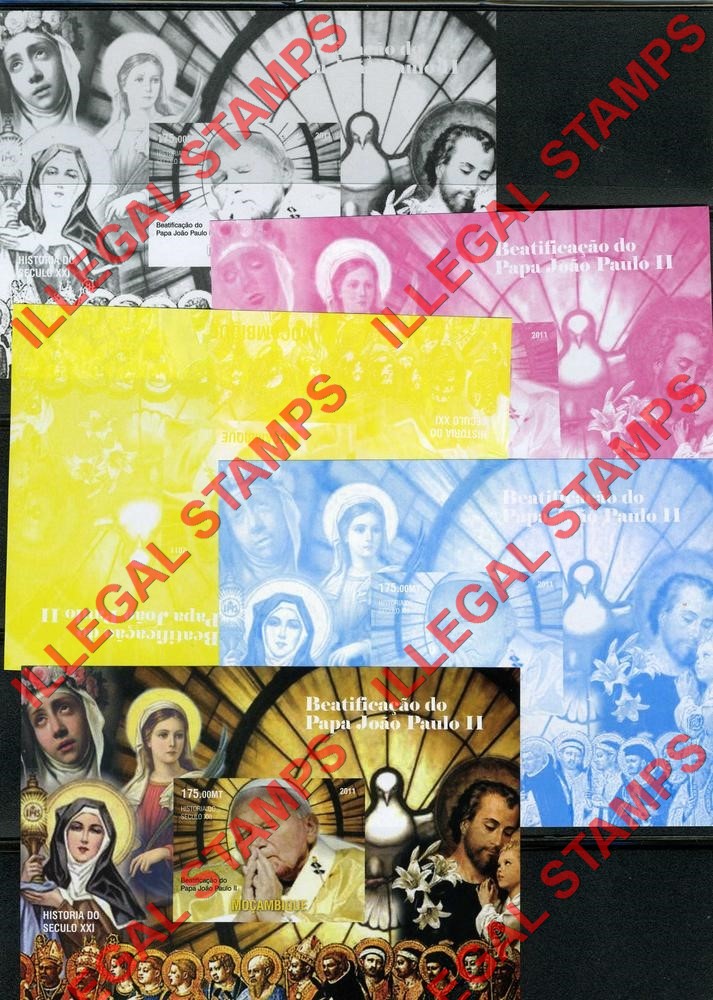  Mozambique 2011 Pope John Paul II Beautification Counterfeit Illegal Stamp Souvenir Sheet of 1 Color Proof Set