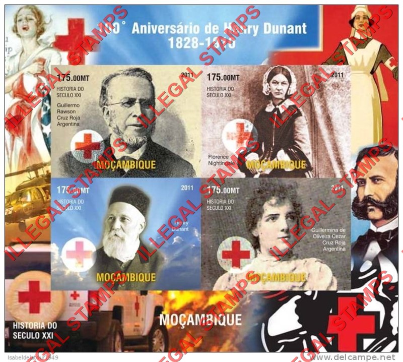  Mozambique 2011 Red Cross Henry Dunant Counterfeit Illegal Stamp Souvenir Sheet of 4