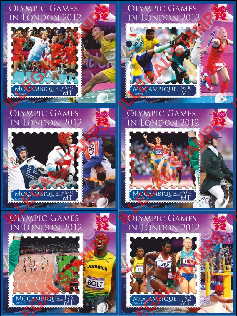  Mozambique 2012 Olympic Games in London (different) Counterfeit Illegal Stamp Souvenir Sheets of 1