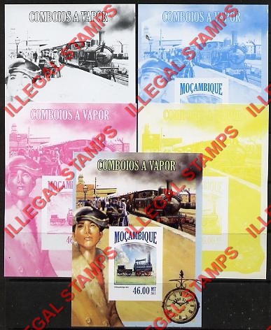  Mozambique 2013 Trains Steam Trains (different) Counterfeit Illegal Stamp Souvenir Sheet of 1 Color Proof Set
