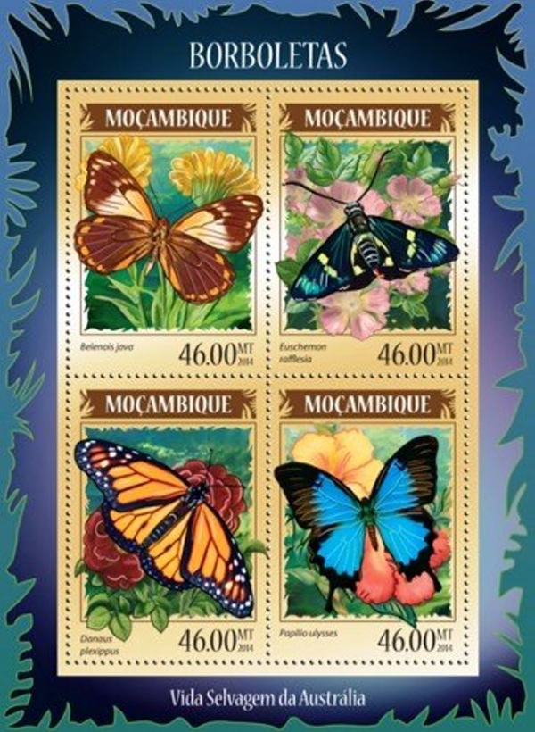  Mozambique 2014 Butterflies Australia Authorized Stamp Souvenir Sheet of 4
