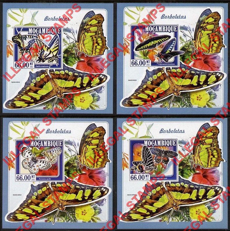  Mozambique 2015 Butterflies Counterfeit Illegal Stamp Souvenir Sheets of 1