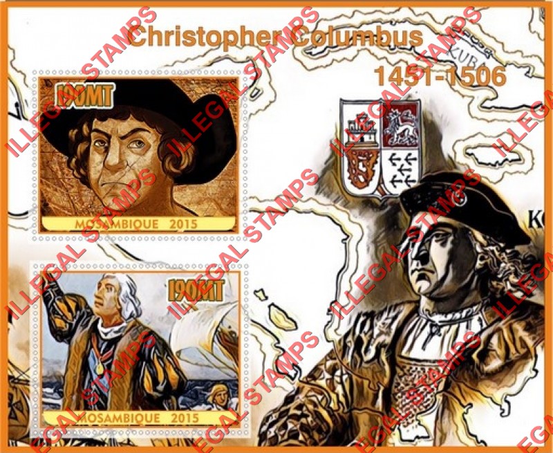  Mozambique 2015 Christopher Columbus Counterfeit Illegal Stamp Souvenir Sheet of 2