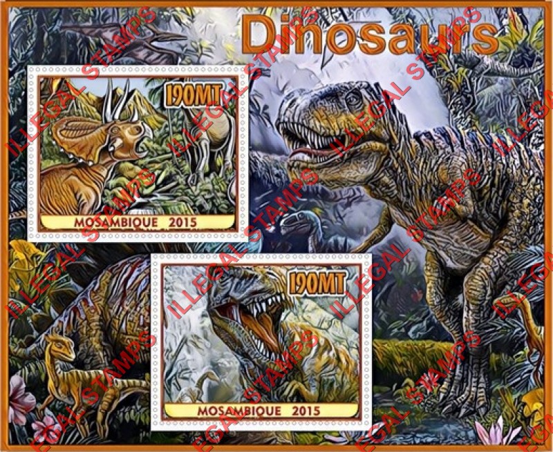  Mozambique 2015 Dinosaurs (different) Counterfeit Illegal Stamp Souvenir Sheet of 2
