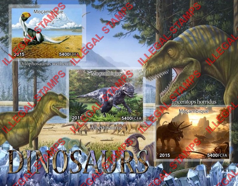  Mozambique 2015 Dinosaurs Counterfeit Illegal Stamp Souvenir Sheet of 3