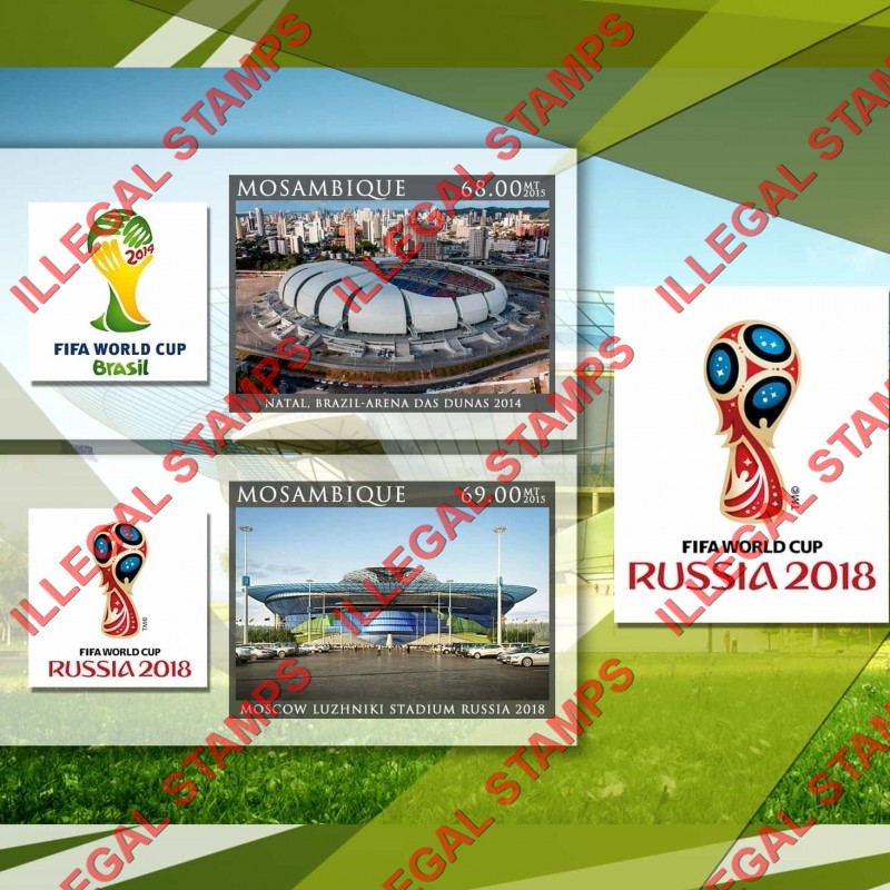  Mozambique 2015 FIFA World Cup Soccer in 2018 Stadiums Counterfeit Illegal Stamp Souvenir Sheet of 2