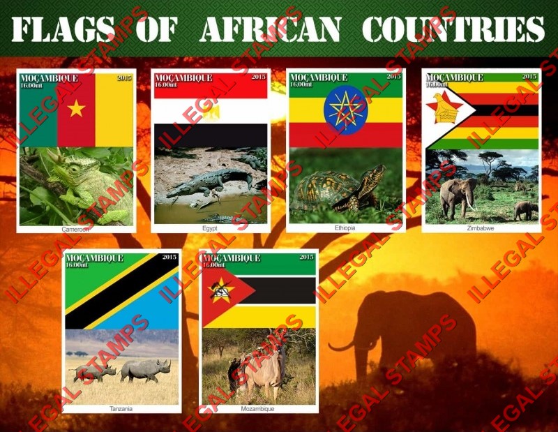  Mozambique 2015 Flags of African Countries and Fauna Counterfeit Illegal Stamp Souvenir Sheet of 3