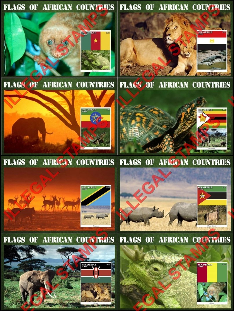  Mozambique 2015 Flags of African Countries and Fauna Counterfeit Illegal Stamp Souvenir Sheets of 1