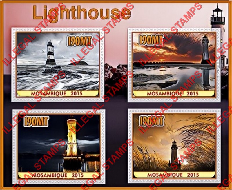  Mozambique 2015 Lighthouses Counterfeit Illegal Stamp Souvenir Sheet of 4
