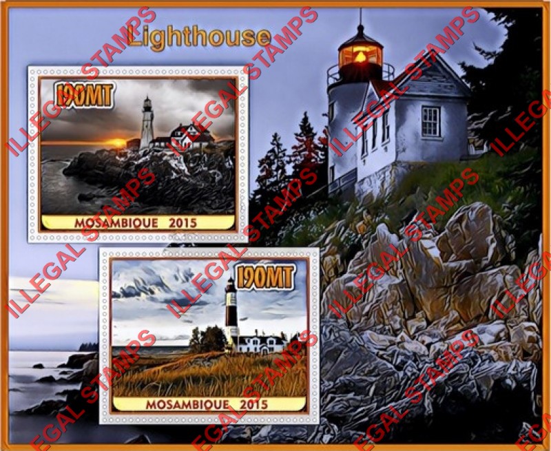  Mozambique 2015 Lighthouses Counterfeit Illegal Stamp Souvenir Sheet of 2