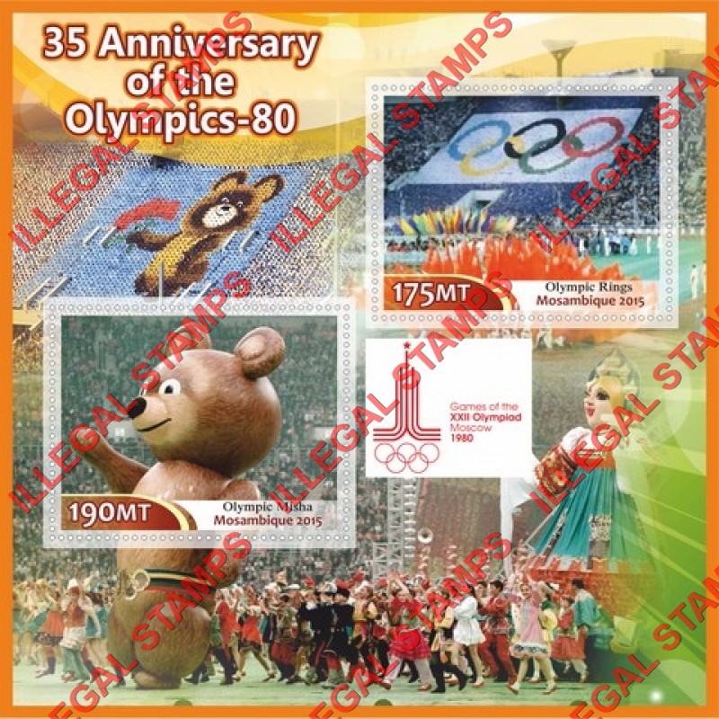  Mozambique 2015 Olympic Games in Moscow in 1980 Counterfeit Illegal Stamp Souvenir Sheet of 2