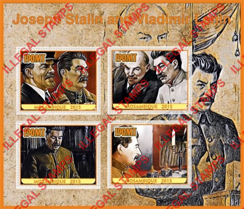  Mozambique 2015 Stalin and Lenin Counterfeit Illegal Stamp Souvenir Sheet of 4