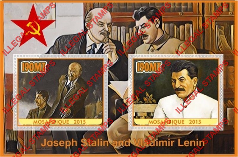  Mozambique 2015 Stalin and Lenin Counterfeit Illegal Stamp Souvenir Sheet of 2