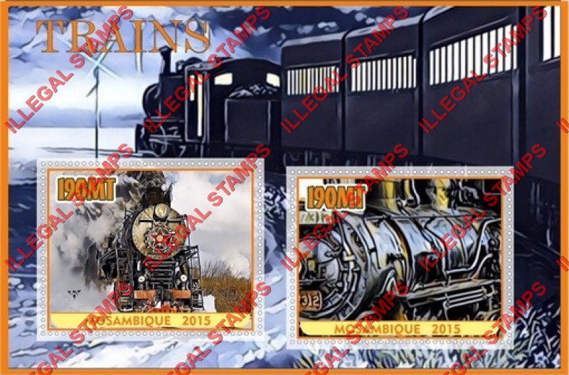  Mozambique 2015 Trains Counterfeit Illegal Stamp Souvenir Sheet of 2