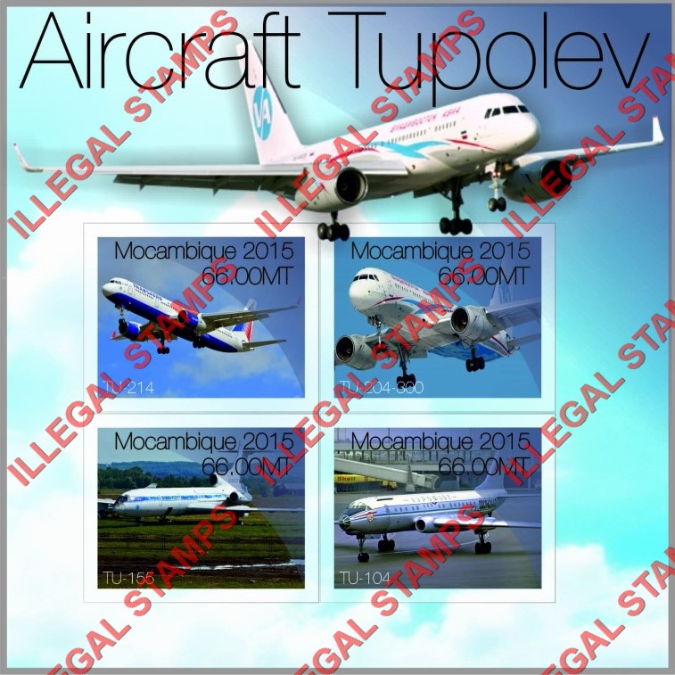  Mozambique 2015 Tupolev Aircraft Counterfeit Illegal Stamp Souvenir Sheet of 4