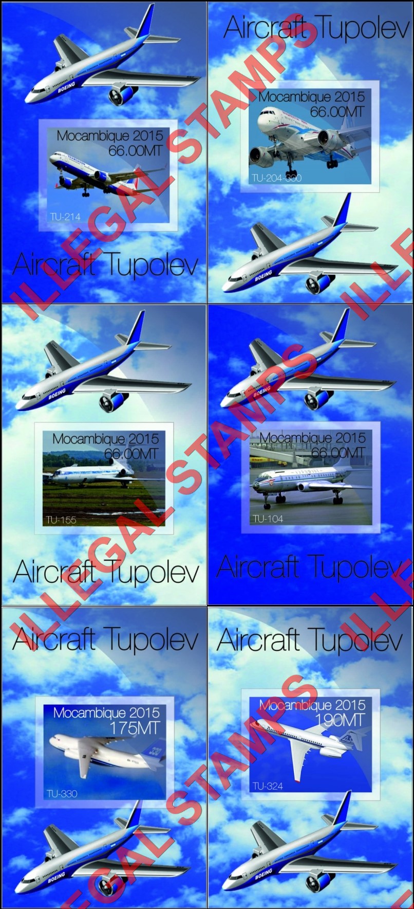  Mozambique 2015 Tupolev Aircraft Counterfeit Illegal Stamp Souvenir Sheets of 1