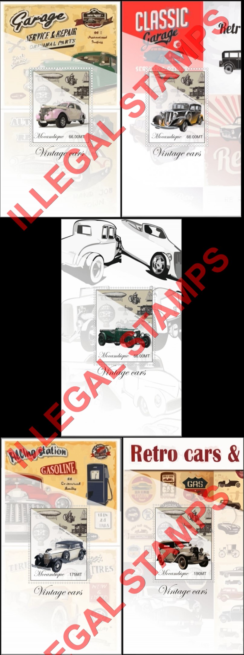  Mozambique 2015 Vintage Cars Retro Counterfeit Illegal Stamp Souvenir Sheets of 1