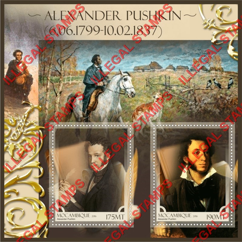  Mozambique 2016 Alexander Pushkin Counterfeit Illegal Stamp Souvenir Sheet of 2
