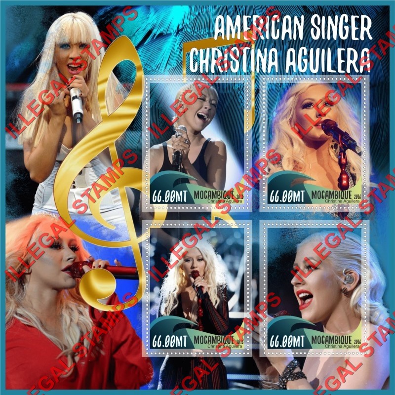  Mozambique 2016 Christina Aguilera Counterfeit Illegal Stamp Souvenir Sheet of 4