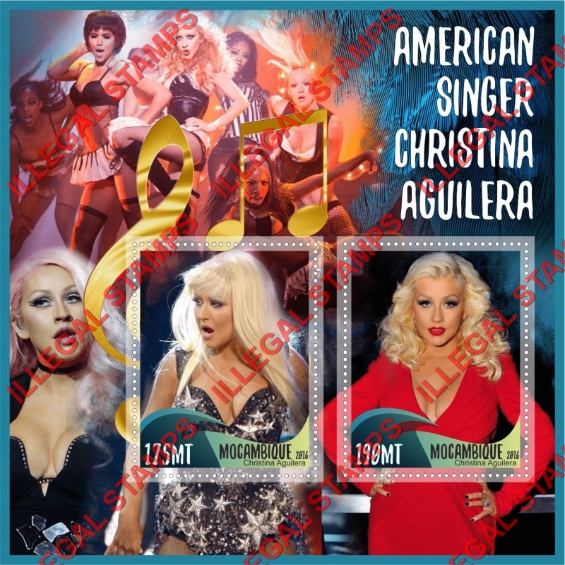  Mozambique 2016 Christina Aguilera Counterfeit Illegal Stamp Souvenir Sheet of 2