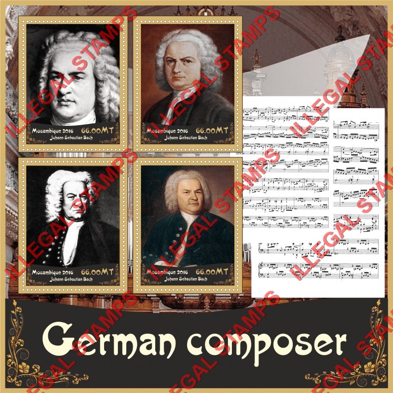  Mozambique 2016 Composer Johann Sebastian Bach Counterfeit Illegal Stamp Souvenir Sheet of 4