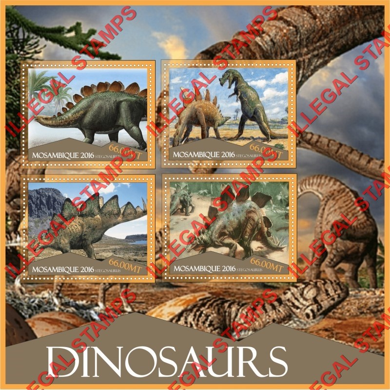  Mozambique 2016 Dinosaurs Counterfeit Illegal Stamp Souvenir Sheet of 4
