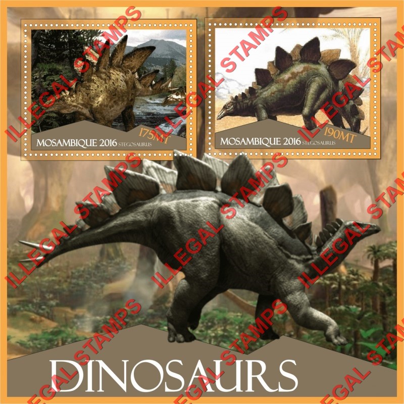  Mozambique 2016 Dinosaurs Counterfeit Illegal Stamp Souvenir Sheet of 2