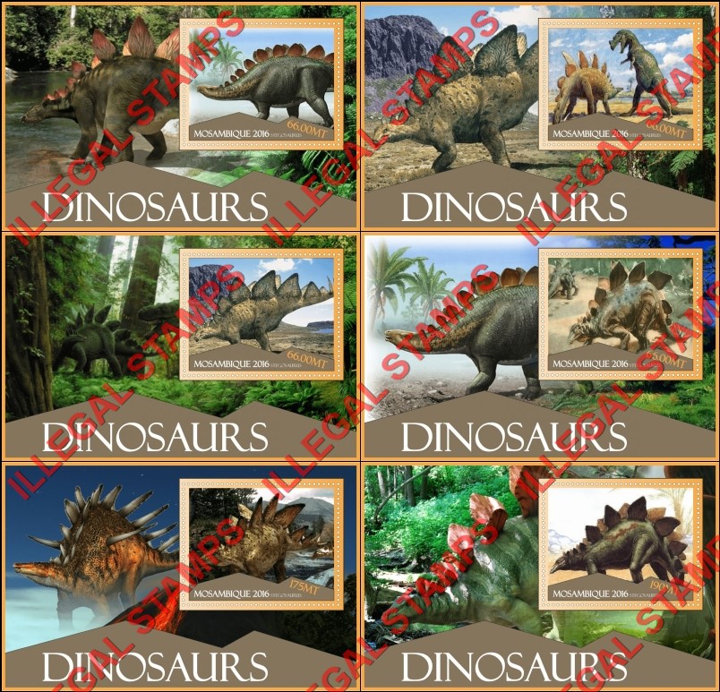  Mozambique 2016 Dinosaurs Counterfeit Illegal Stamp Souvenir Sheets of 1