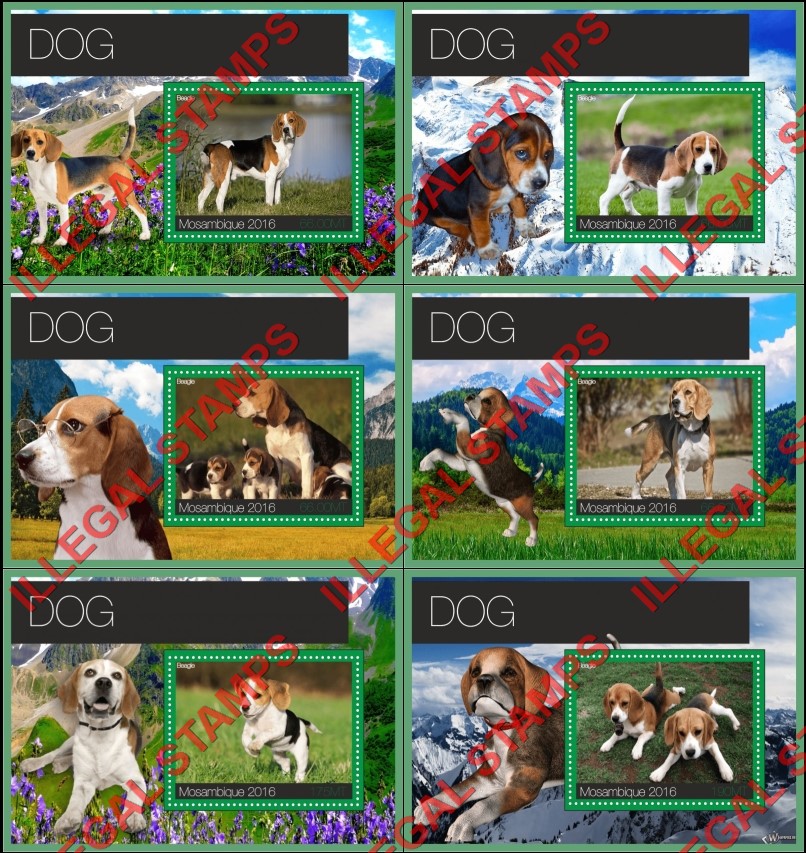  Mozambique 2016 Dogs Beagles Counterfeit Illegal Stamp Souvenir Sheets of 1