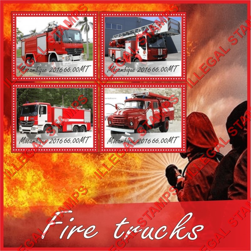  Mozambique 2016 Fire Trucks Counterfeit Illegal Stamp Souvenir Sheet of 4