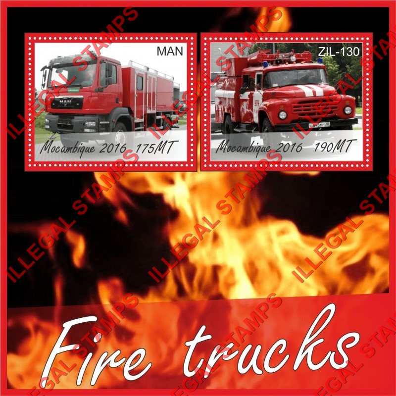  Mozambique 2016 Fire Trucks Counterfeit Illegal Stamp Souvenir Sheet of 2