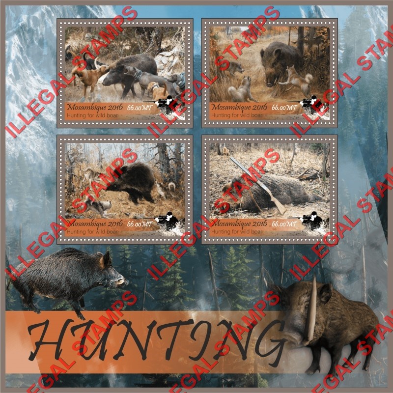  Mozambique 2016 Hunting Wild Boar Counterfeit Illegal Stamp Souvenir Sheet of 4