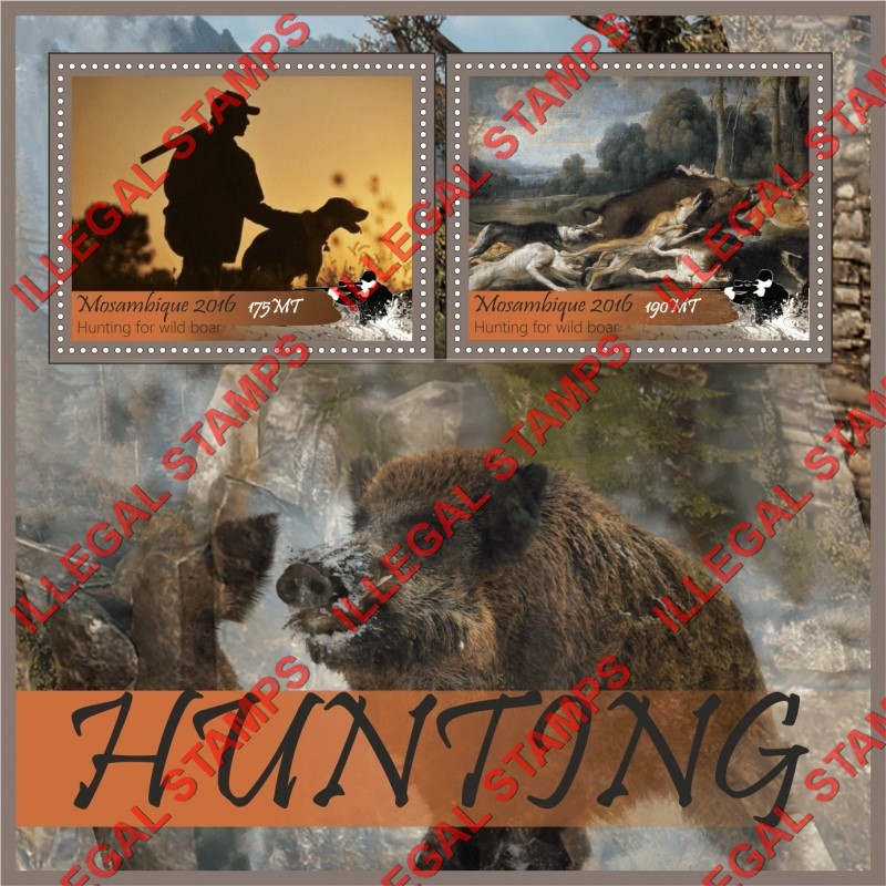  Mozambique 2016 Hunting Wild Boar Counterfeit Illegal Stamp Souvenir Sheet of 2