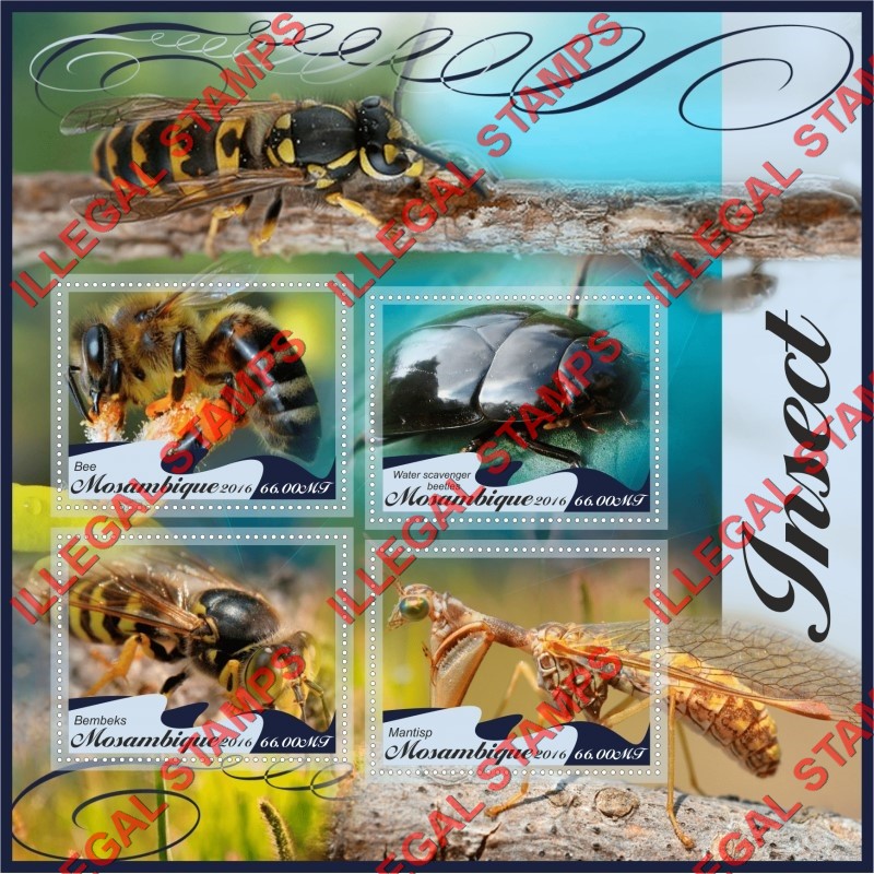  Mozambique 2016 Insects Counterfeit Illegal Stamp Souvenir Sheet of 4