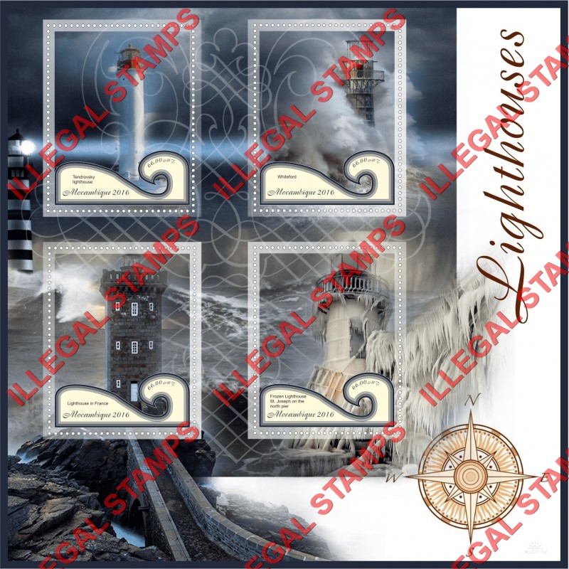  Mozambique 2016 Lighthouses Counterfeit Illegal Stamp Souvenir Sheet of 4
