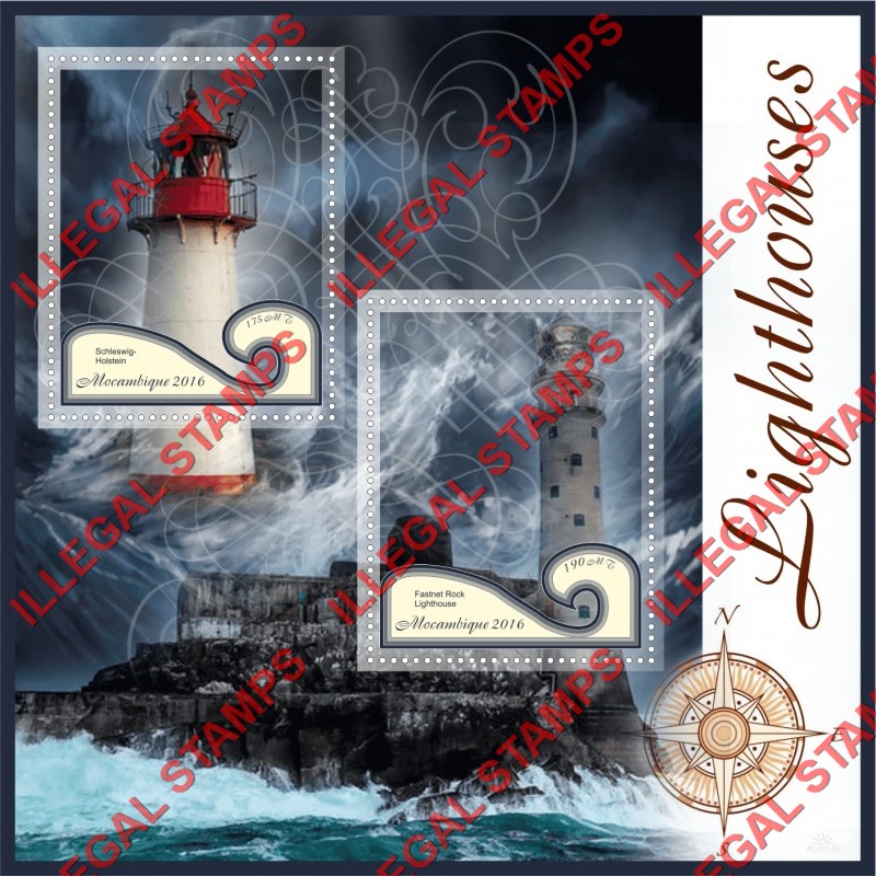  Mozambique 2016 Lighthouses Counterfeit Illegal Stamp Souvenir Sheet of 2