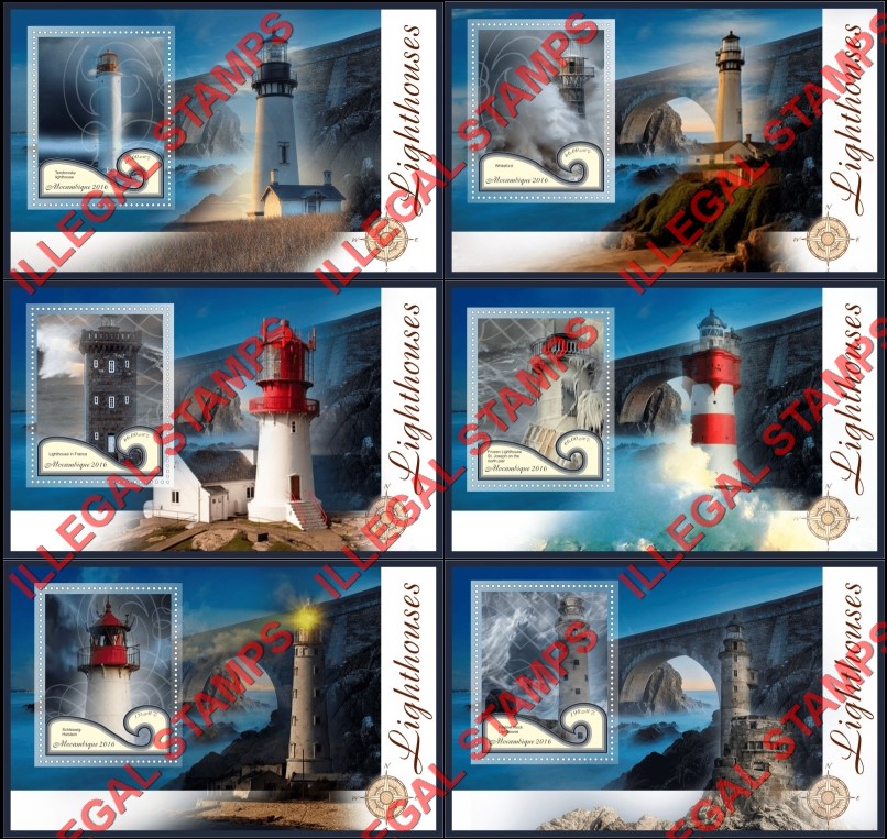  Mozambique 2016 Lighthouses Counterfeit Illegal Stamp Souvenir Sheets of 1