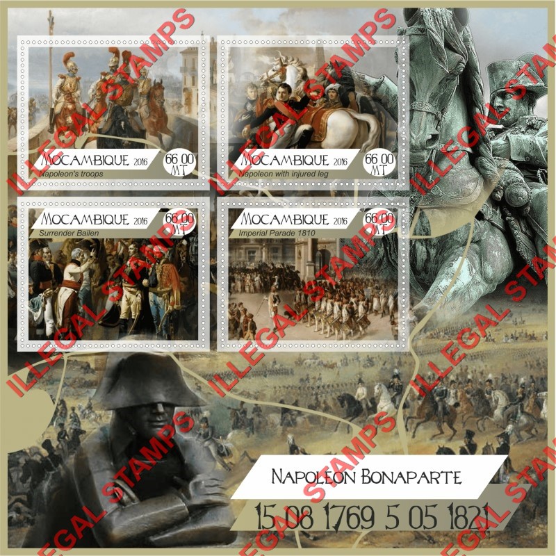  Mozambique 2016 Napoleon Bonaparte Counterfeit Illegal Stamp Souvenir Sheet of 4