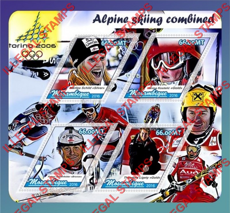  Mozambique 2016 Olympic Games in Torino in 2006 Alpine Skiing Counterfeit Illegal Stamp Souvenir Sheet of 4