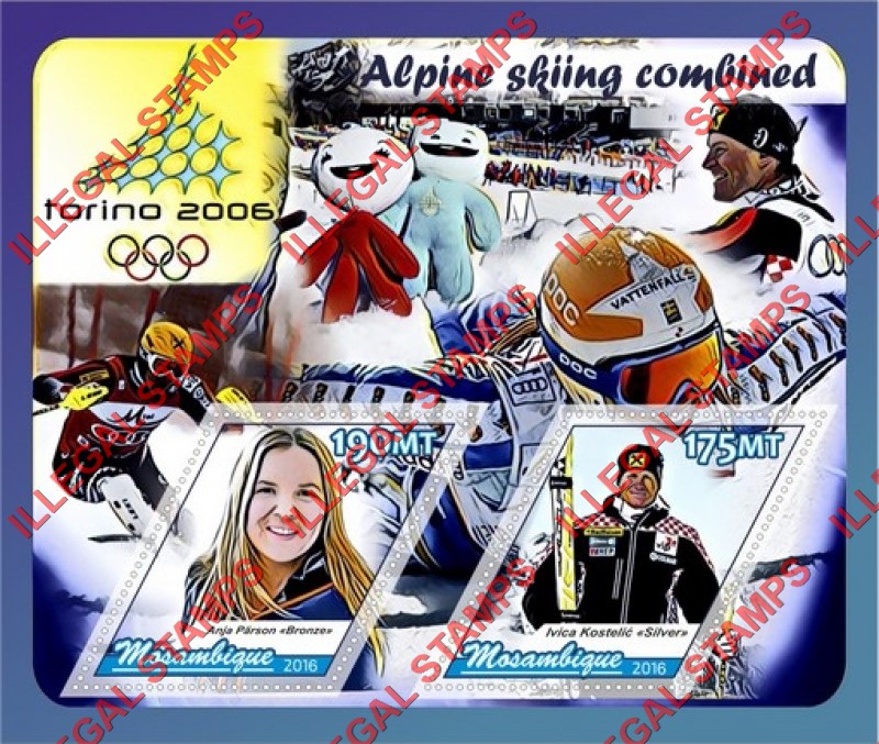  Mozambique 2016 Olympic Games in Torino in 2006 Alpine Skiing Counterfeit Illegal Stamp Souvenir Sheet of 2