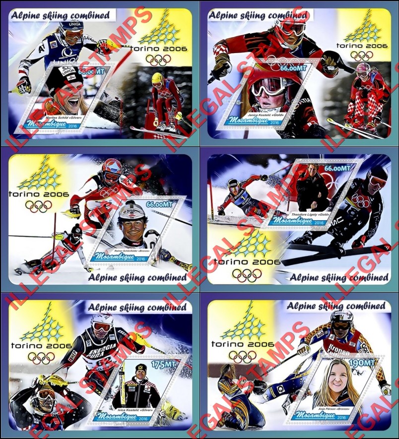  Mozambique 2016 Olympic Games in Torino in 2006 Alpine Skiing Counterfeit Illegal Stamp Souvenir Sheets of 1