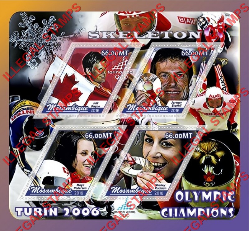  Mozambique 2016 Olympic Games in Turin in 2006 Skeleton Champions Counterfeit Illegal Stamp Souvenir Sheet of 4